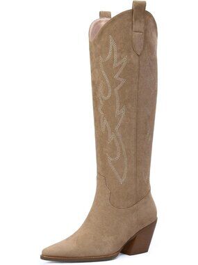 Women's Nude Microsuede Cow Girl Knee High Stylish Pointed Toe Block Heel Boots